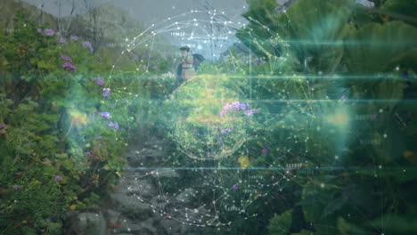 male hiker walking along stone path, viewing handheld device, exploring technology network overlay