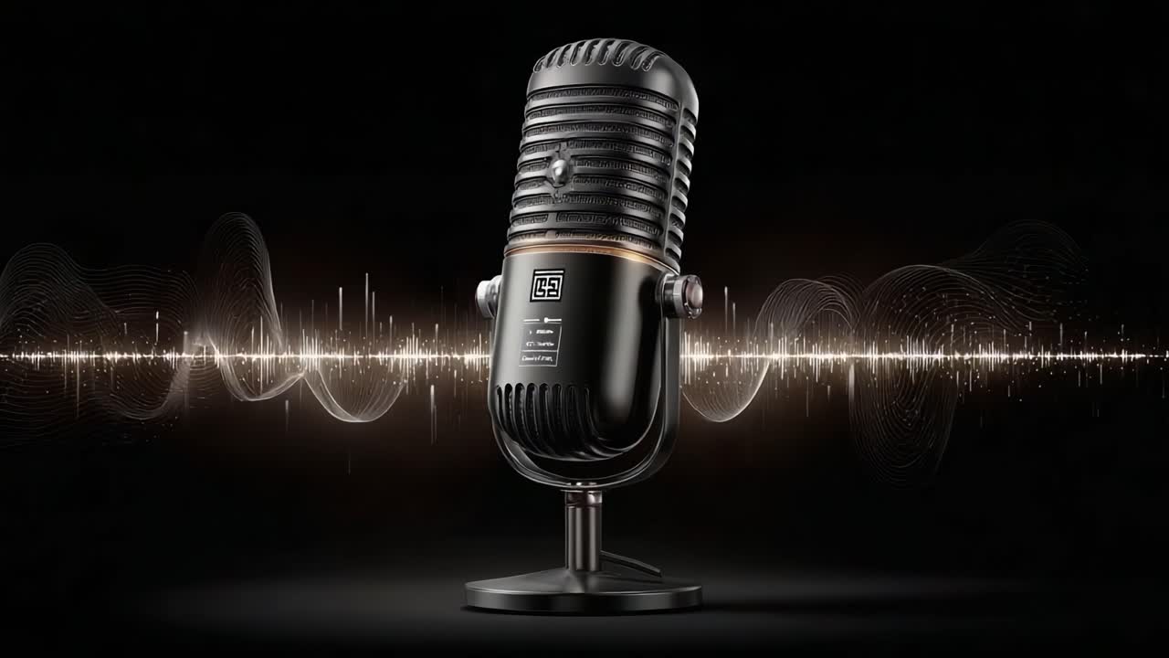 A Stunning Close-Up of a Vintage Microphone Accompanied by Beautiful Sound Waves, Highlighting Its Elegant Design and Musical Essence in a Dark Background