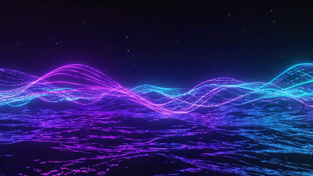 Abstract Neon Waves Over Glowing Liquid Surface