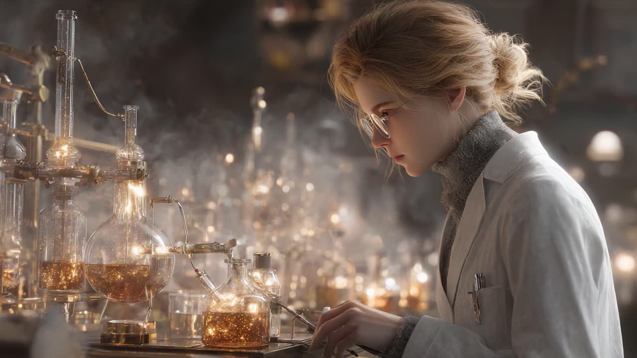 A Focused Scientist Conducting Experiments in a Vintage Laboratory, Surrounded by Glassware and Glowing Chemicals, Showcasing the Beauty of Scientific Discovery