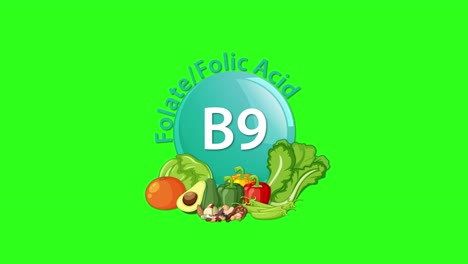 animated sequence highlights a b9 vitamin icon, labeled folate/folic acid, with assorted vegetables appearing around it on a bright green background
