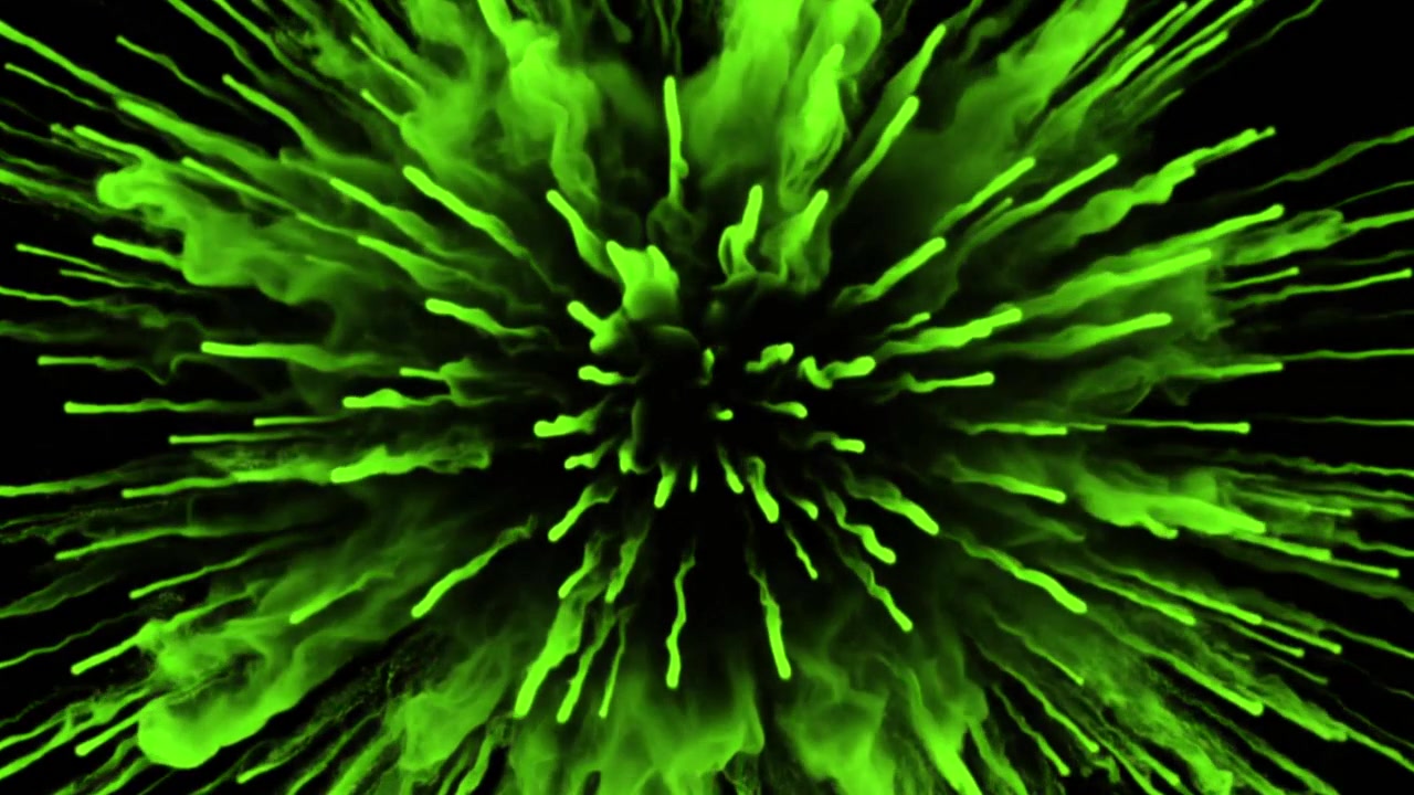 Abstract Green Particle Explosion Expanding Outward on Black Background
