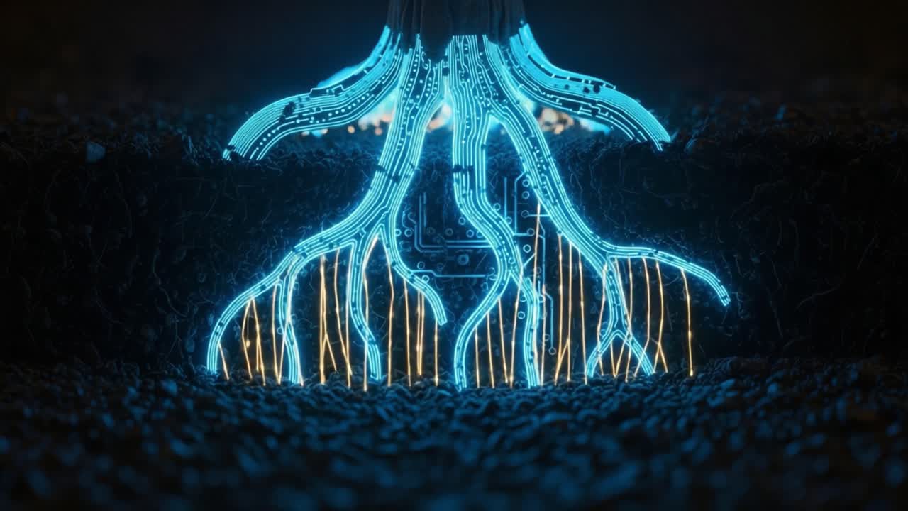 Illuminated Roots of Technology: A Surreal Representation of the Connection Between Nature and Technology, Featuring Circuit-like Patterns Emitting Light from Beneath the Earth