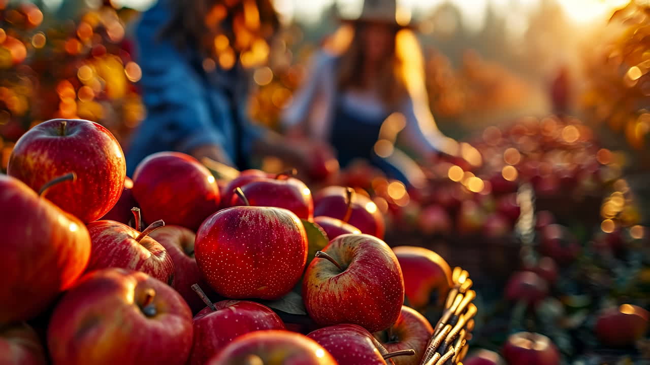 Sunset apple picking in orchard. People enjoy harvest time in an apple orchard during sunset, surrounded by ripe red apples ready for picking