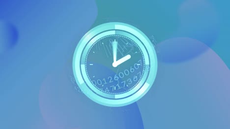 Animation-of-scanner-with-clock-face-and-processing-data-on-abstract-blue-background