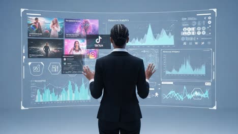 woman in suit interacting with high-tech digital display, visualizing data and social media analytics in a futuristic workspace setting