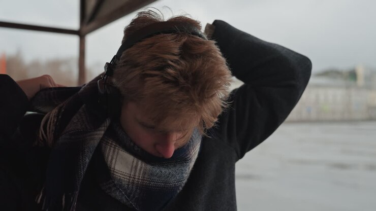 Young white man adjusting scarf under canopy, headphones on, snowdusted hair and plaid wool wrap, preparing for cold commute, wrapping scarf with focused expression, candid sequence with cinematic