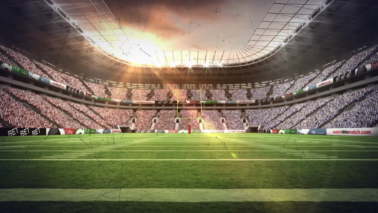 animación de redes de conexiones que giran sobre estadios deportivos