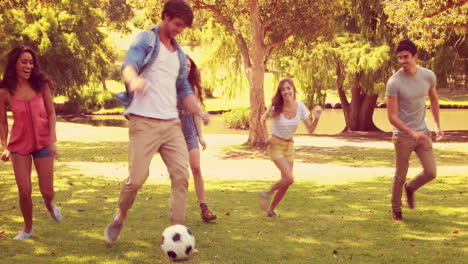 Glückliche-Freunde-Im-Park-Mit-Fußball