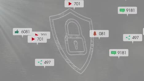 animation of icons, changing numbers in notification bars over padlock in shield on gray background