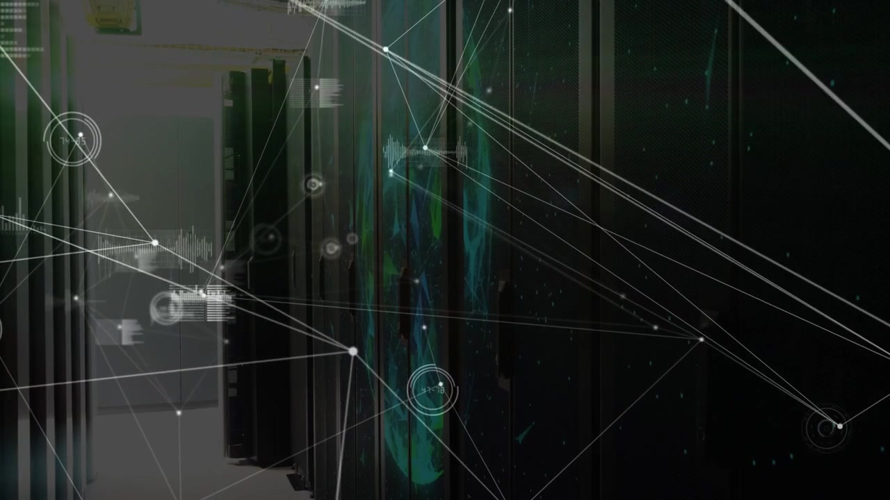 HUD overlay activating, tracing lines, updating gauges across racks, signaling rising data flow