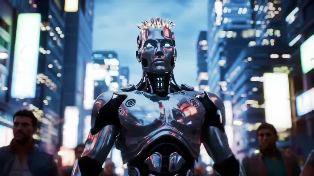 A cybernetic figure stands resolute amidst a bustling city scene, showcasing the fusion of technology and humanity in a futuristic urban landscape