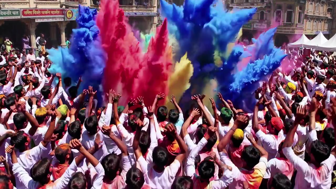 Folla che celebra il festival Holi con nuvole di polvere colorata