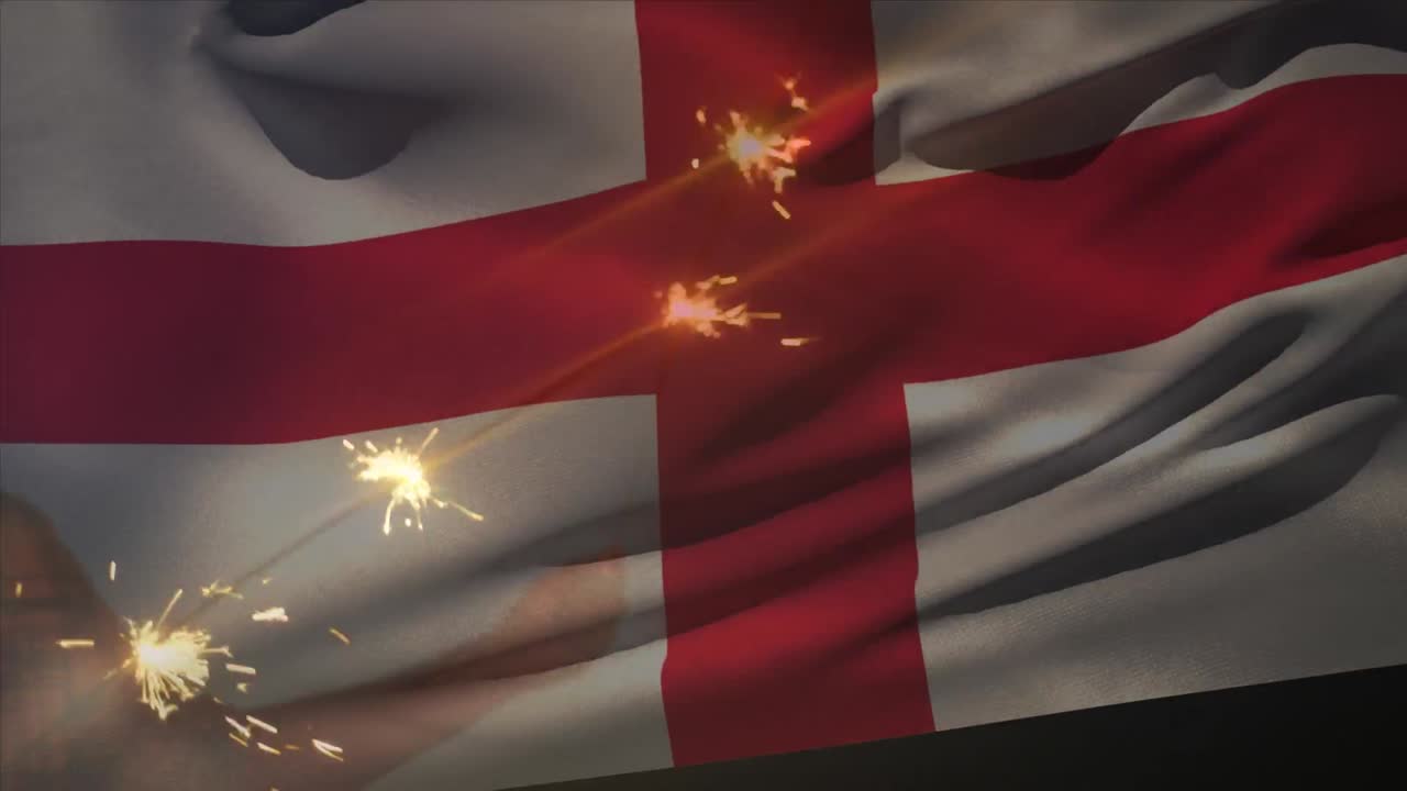 해변에 있는 친구 그룹 위에 잉글랜드  ⁇ 발을 흔들고 있는 애니메이션