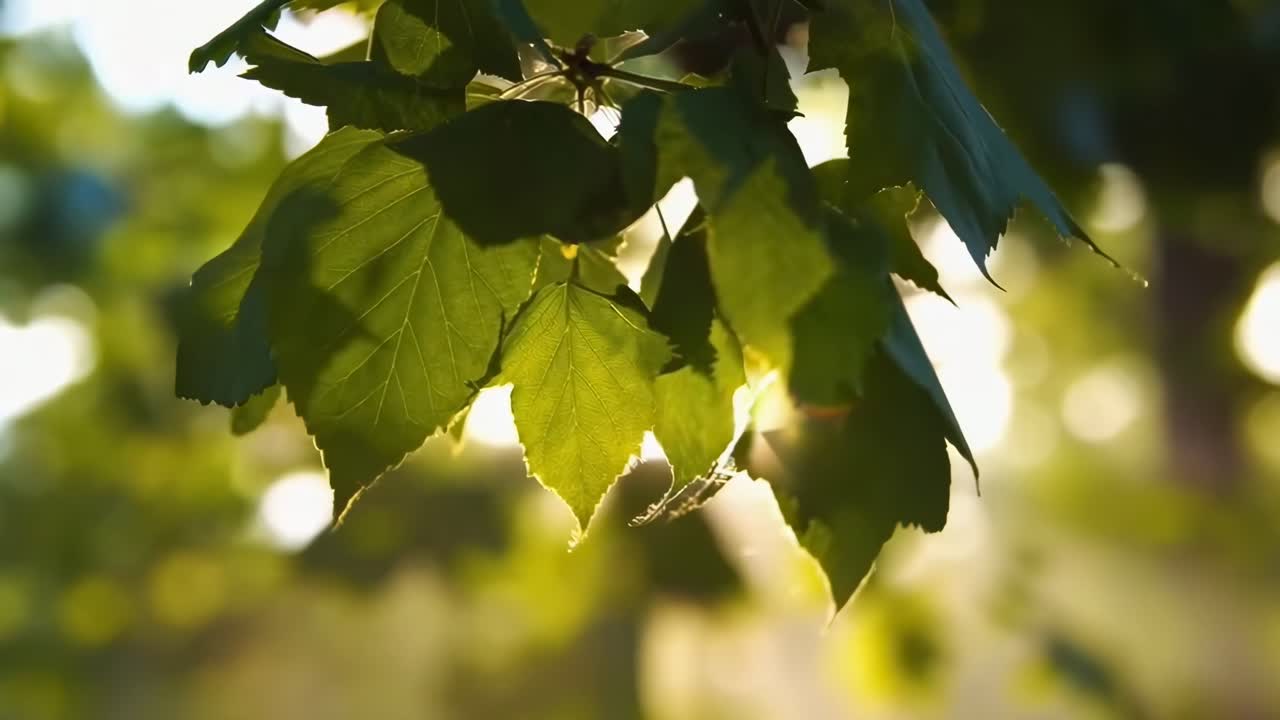 Vídeo em close-up de folhas banhadas pelo sol, capturado de um ângulo baixo, criando uma atmosfera serena e natural, Live
