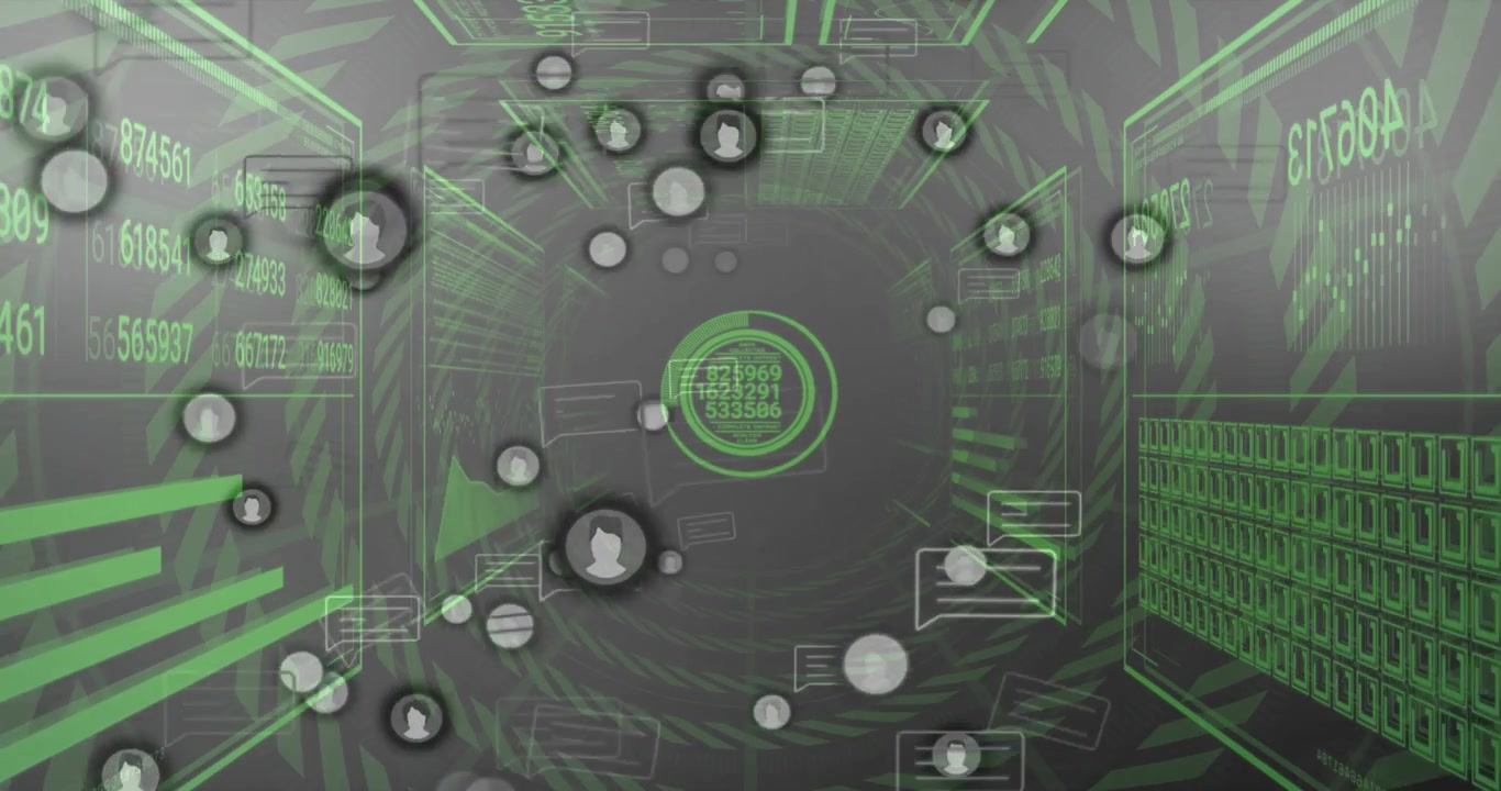 Grid corridor appearing initiating hub floating, orbiting nodes scrolling numbers showing data flow