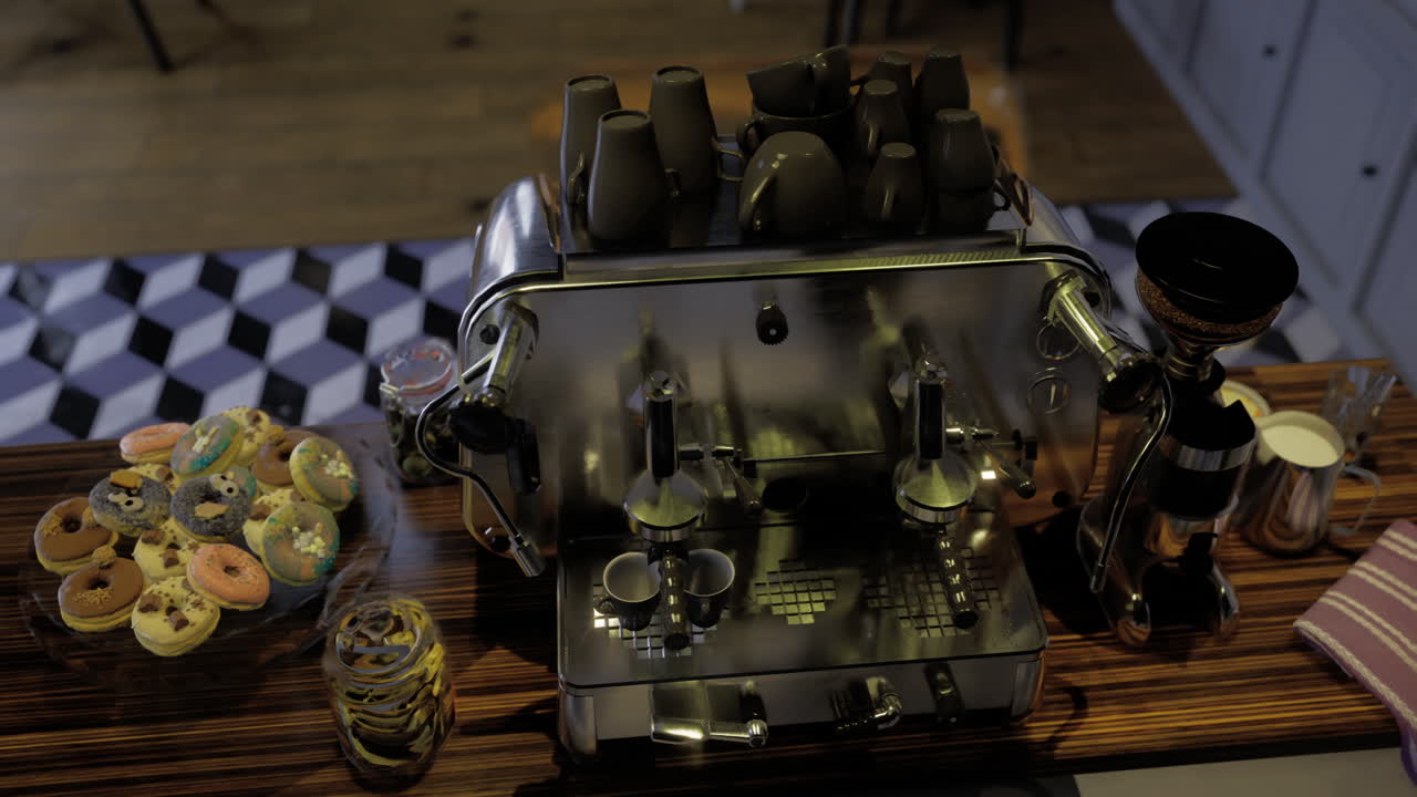 Artisan coffee machine and colorful pastries on display in a modern cafe