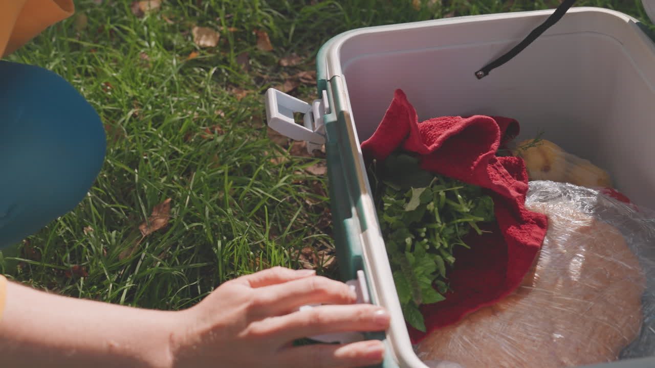 White camper tucks herbs into cooler, red cloth cushions produce while hands secure lid, practical meal prep on grassy campsite, readying salad and wrapped loaf for outdoor lunch