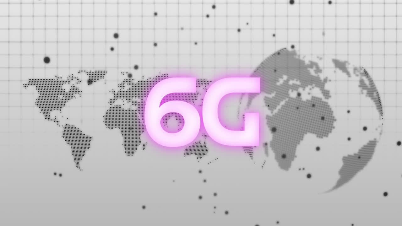 6G glowing text floating over gray grid and halftone world maps, showing neon digital connectivity