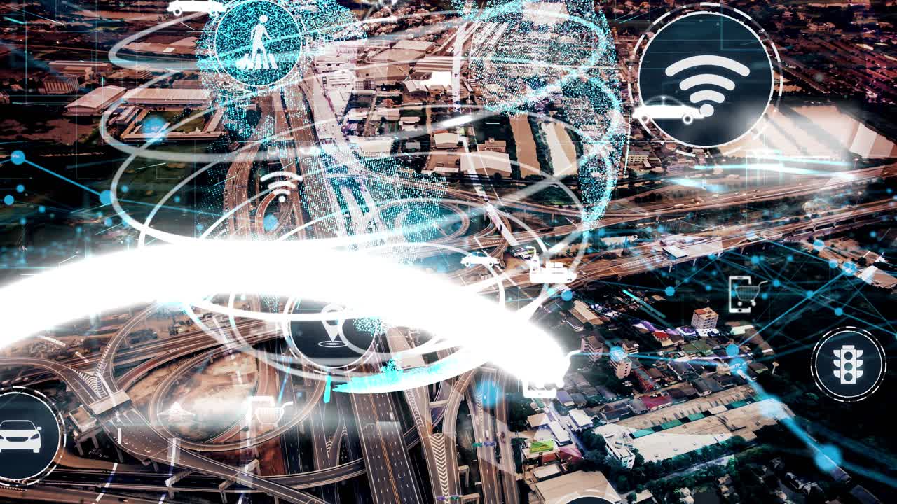 뉴이시 시 도로에서 미래의 자동차 교통을 위한 스마트 교통 기술 개념