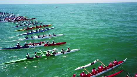 aerial over outrigger canoes racing in a rowing race on the pacific ocean near ventura california 12