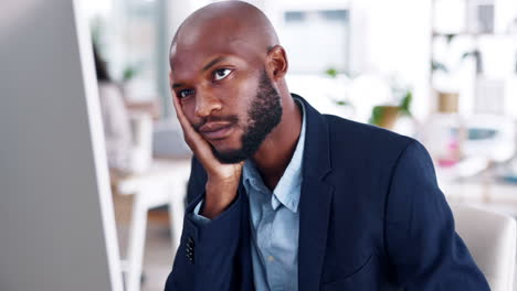 bored, tired and business black man on computer