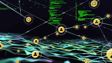 rete di connessioni contro l'elaborazione digitale e onde su sfondo nero