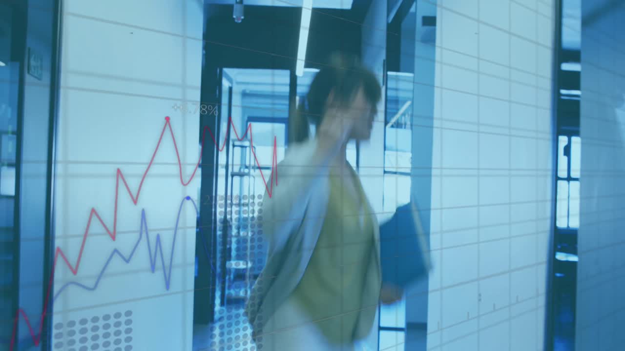 Animation of financial graphs and data over happy asian woman in office