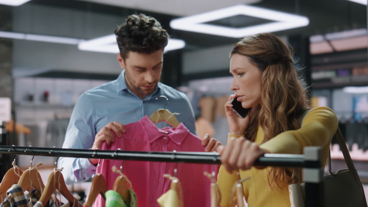 실망한 여성 쇼핑 중독자가 전화를 걸고 부티크에서 옷을 선택합니다.