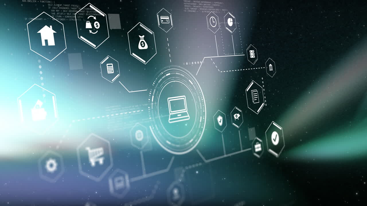 Animation of digital business icons and data processing