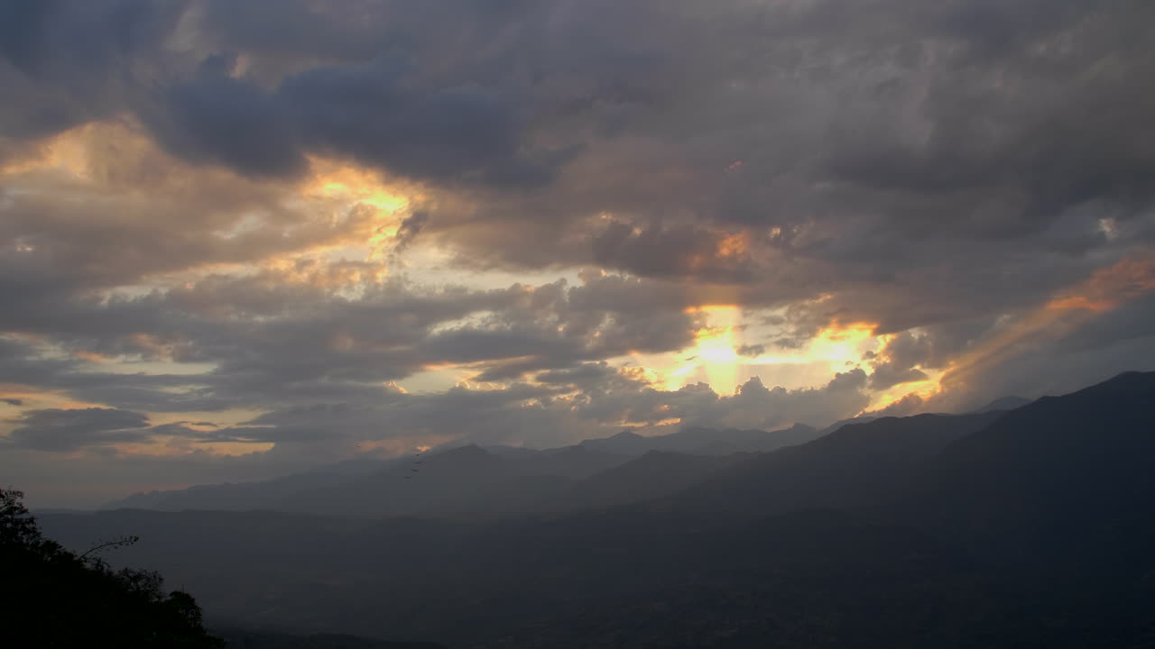 rayos de sol durante la puesta de sol con siluetas de pájaros volando en el cielo nublado