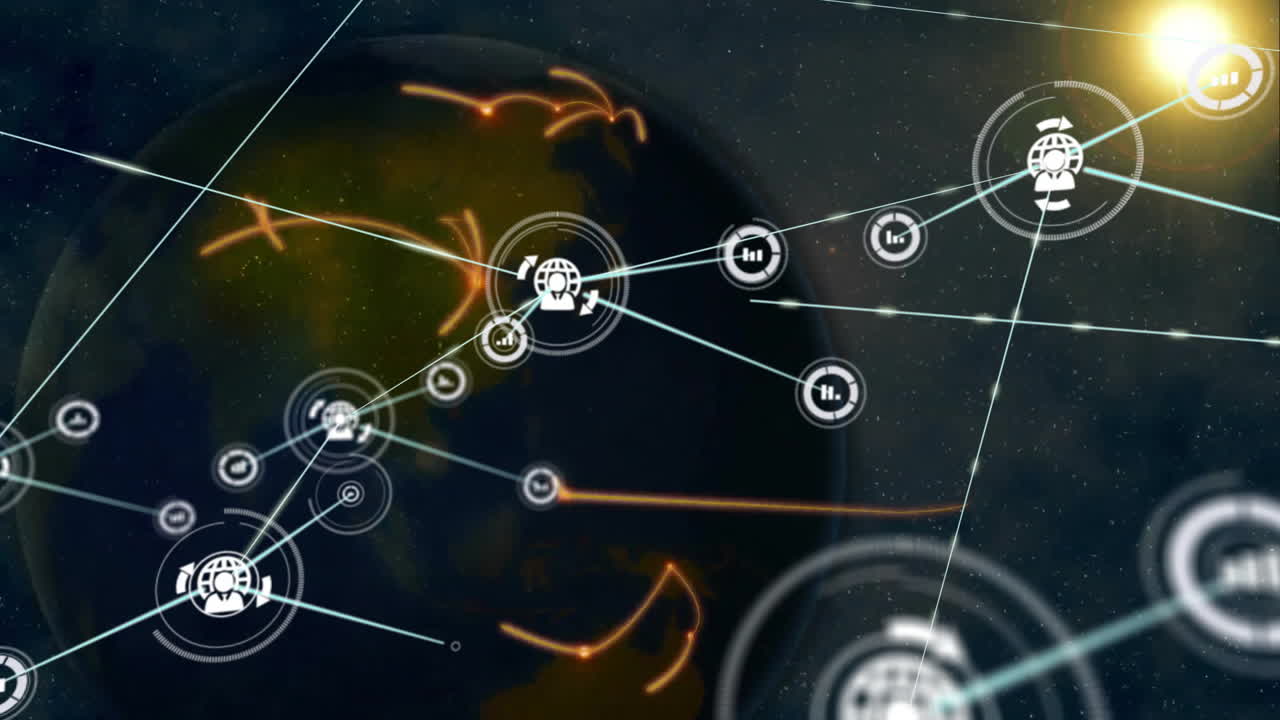 conexiones de red global y animación de intercambio de datos sobre la tierra en el espacio