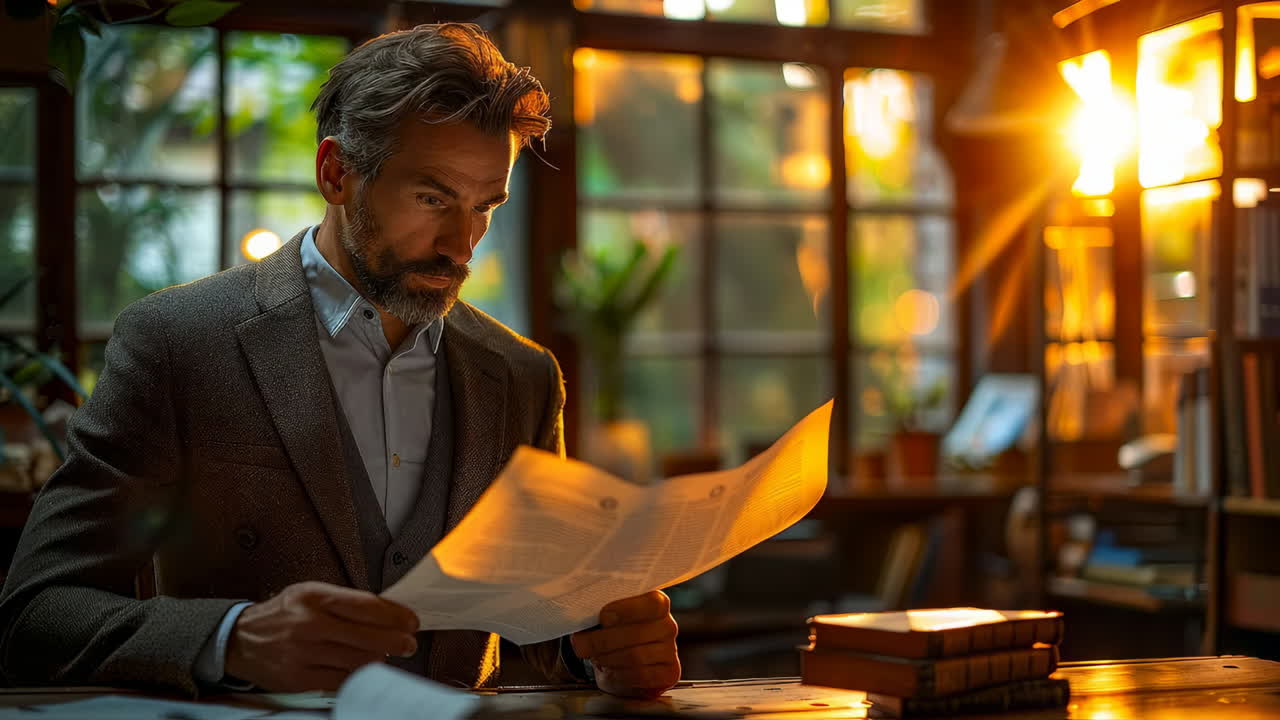 Man reading in cozy sunset room. A man examines a document intently in a warmly lit room as sunlight streams through large windows during sunset