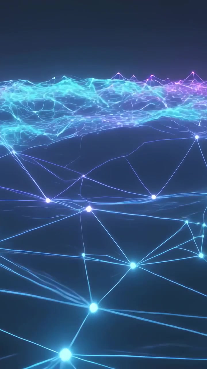 Vertical video: Pulsing network responding to data pulse, reconfiguring glowing nodes on dark grid