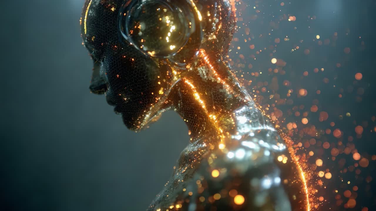 A Glimmering Futuristic Figure: Exploring the Elegant Design of a Robotic Entity with Radiant Sparkles and Headphones Amidst a Dreamlike Atmosphere