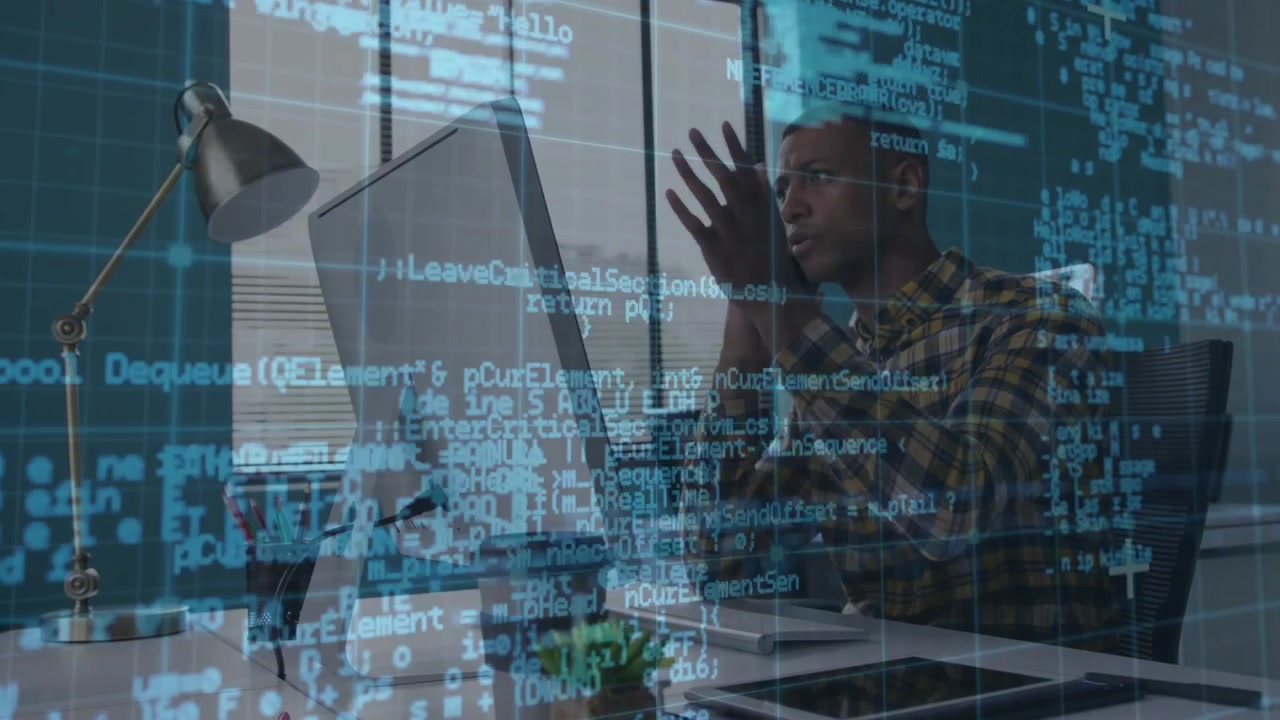 Software engineer reviewing code overlay then calling via smartphone to discuss issues