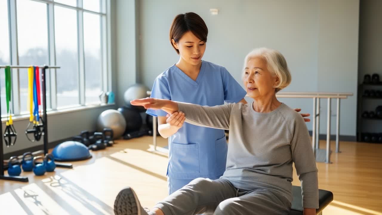 Nurturing Physical Rehabilitation: A Health Professional Assists an Elderly Woman in Performing Therapeutic Exercises for Improved Mobility and Strength in a Neat and Bright Fitness Environment