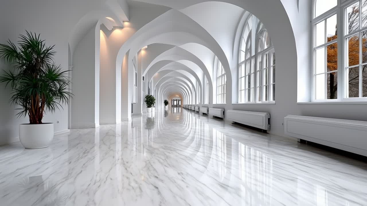 Interno di un corridoio moderno e luminoso di colore bianco con archi, pavimento in marmo e grandi finestre con luce naturale