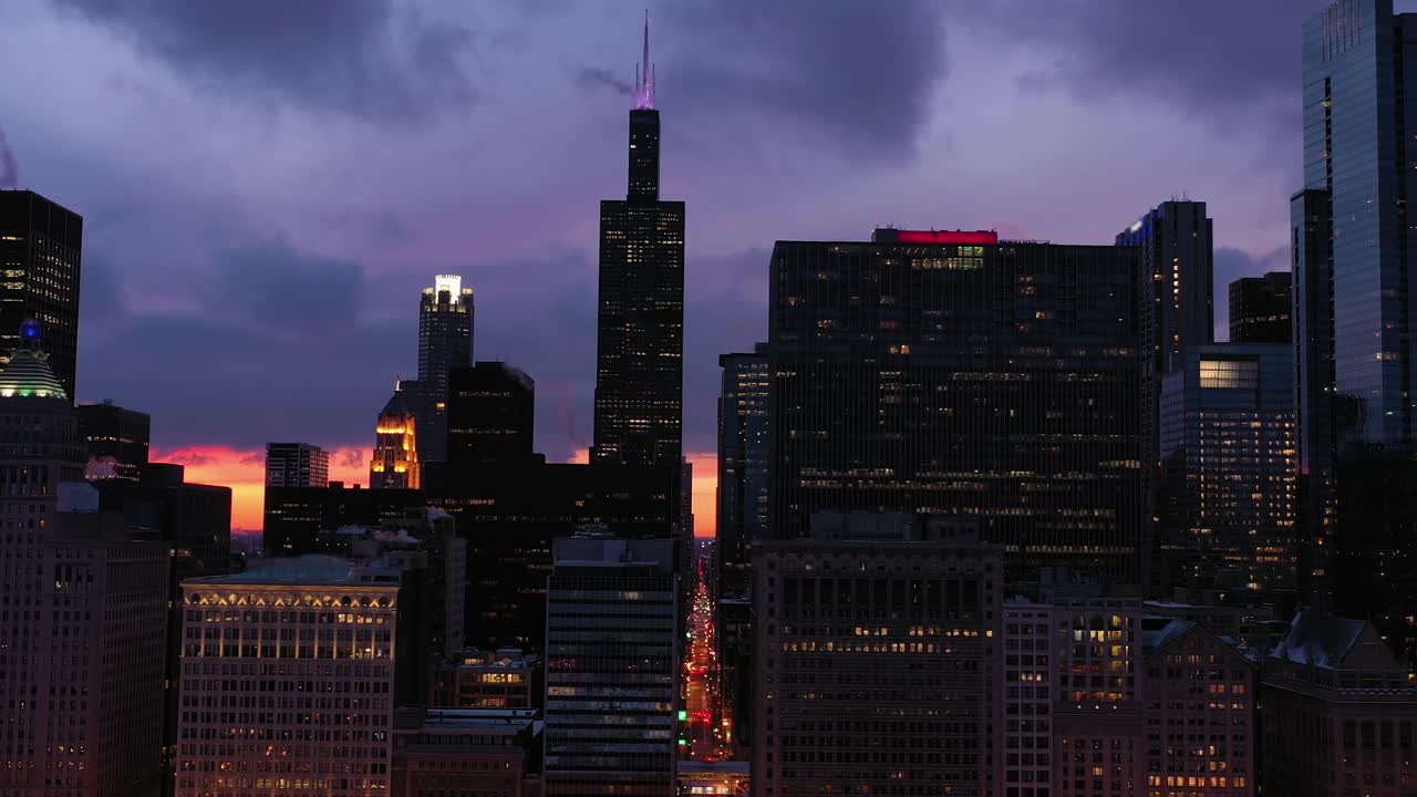 Urban Cityscape of Chicago in Blue Hour in Winter. Aerial View. USA