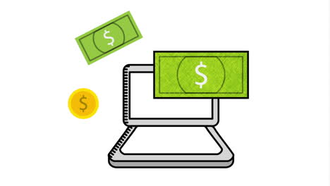 dinero cayendo en la computadora portátil