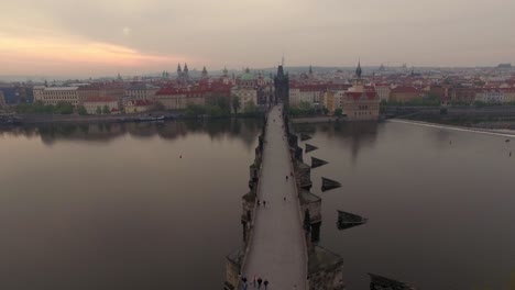 ancient charles bridge and prague view aerial shot