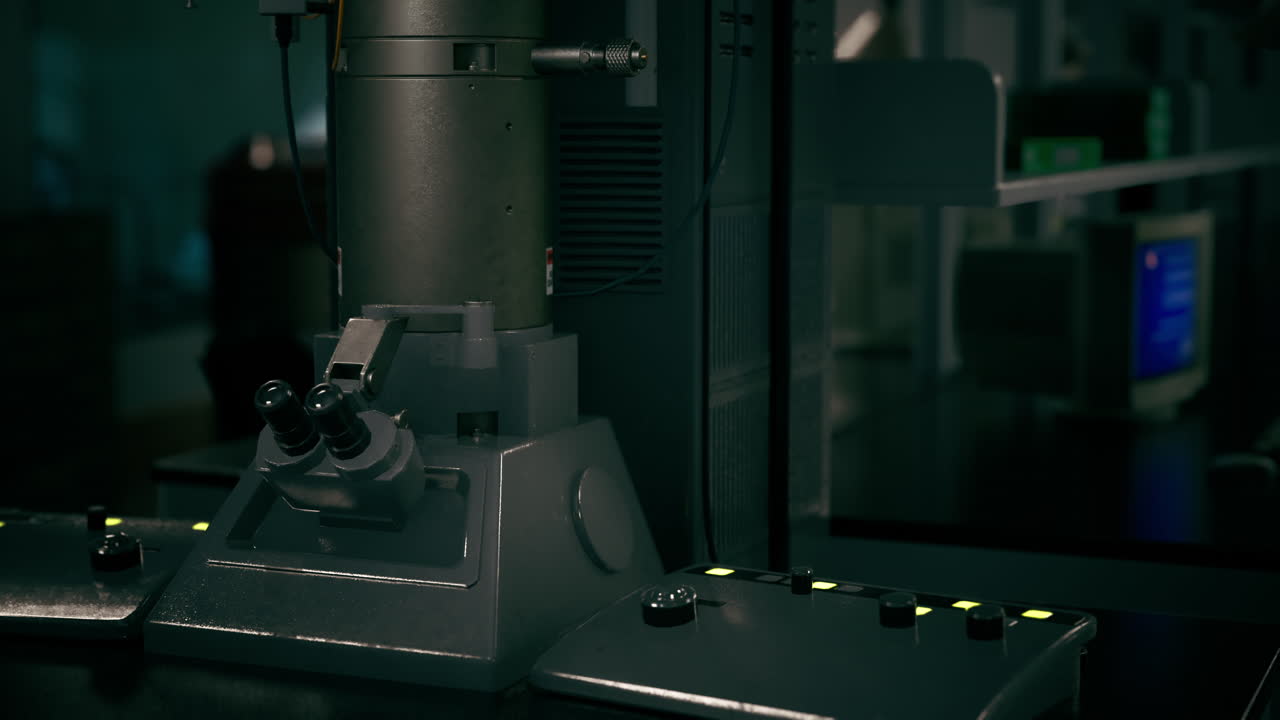 крупный план сканирующего электронного микроскопа в темной лаборатории