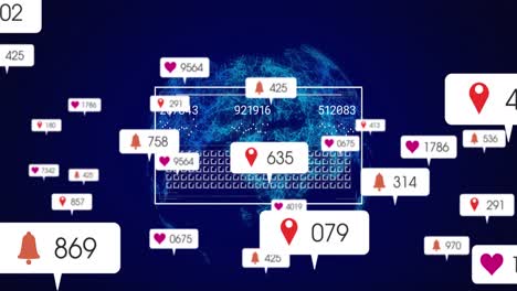 Animación-De-Iconos-De-Redes-Sociales-Y-Procesamiento-De-Datos-Sobre-Un-Globo-Giratorio-Sobre-Fondo-Azul