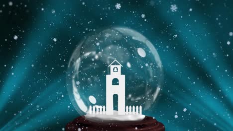 Animation-Der-Weihnachtsschneekugel-Und-Des-Schnees,-Der-Auf-Blauen-Hintergrund-Fällt