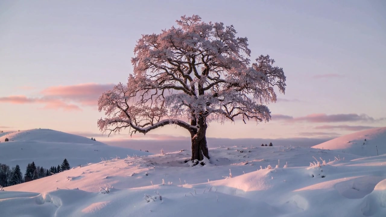 Kameran börjar zooma närmare ett frostigt träd på en snötäckt sluttning, visar frost och rosa ljus.