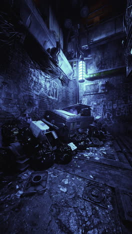 dark cyberpunk alley with trash and graffiti