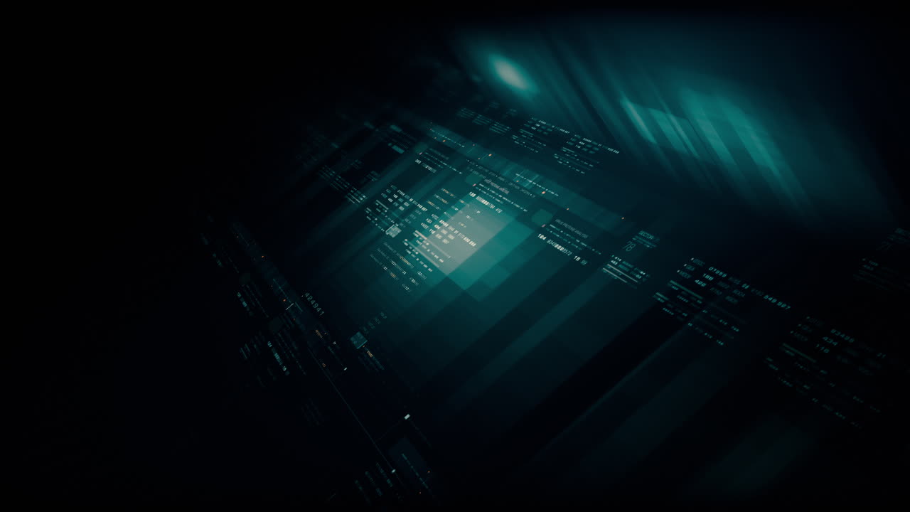 Futuristic data matrix simulation featuring metaverse-inspired elements, an information network, and hi-tech digital data telemetry with encrypted numbers. A dynamic background for computer display