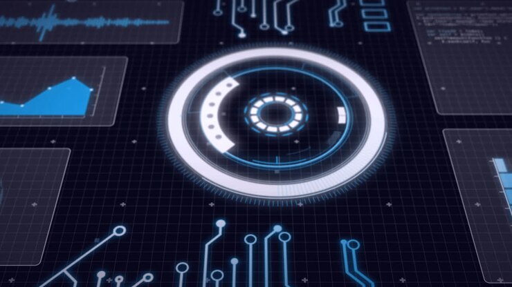 Animation of scope scanning and data processing on screens over grid on blue background