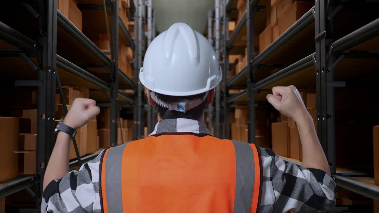 vista de cerca de atrás de un ingeniero masculino asiático con casco de seguridad de pie levantando las manos celebrando trabajando en el almacén con estantes llenos de mercancías de entrega