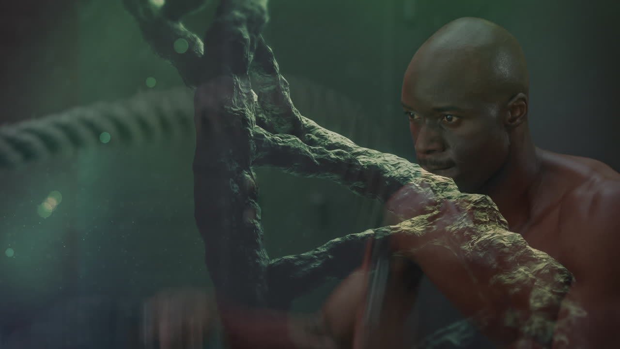 animación de cadena de adn sobre hombre fuerte haciendo ejercicio en el gimnasio